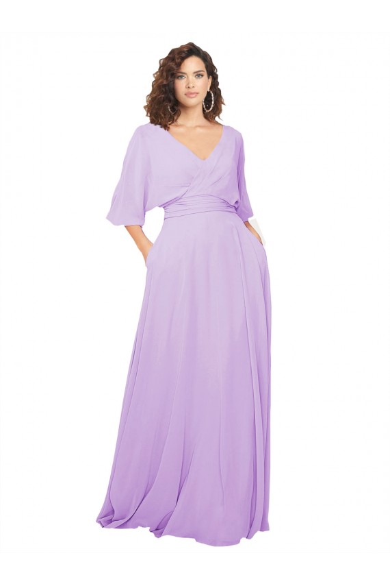 Erschwingliche Lila A-Linien V-Ausschnitt Chiffon Lange Brautjungfernkleider