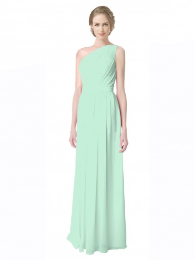 Erschwingliche Minzgrün A-Linien Eine-Schulter Chiffon Lange Brautjungfernkleider