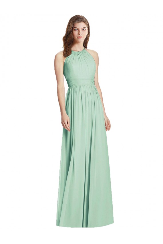 Erschwingliche Minzgrün A-Linien Neckholder Chiffon Lange Brautjungfernkleider