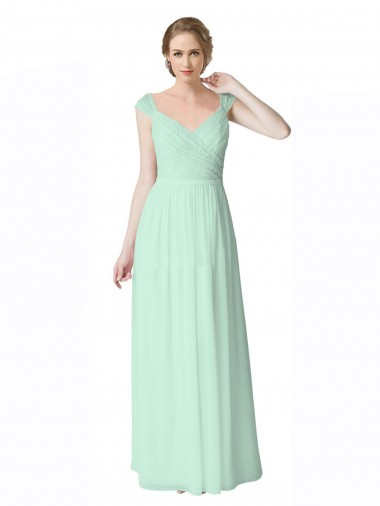 Erschwingliche Minzgrün A-Linien V-Ausschnitt Chiffon Spitze Lange Brautjungfernkleider