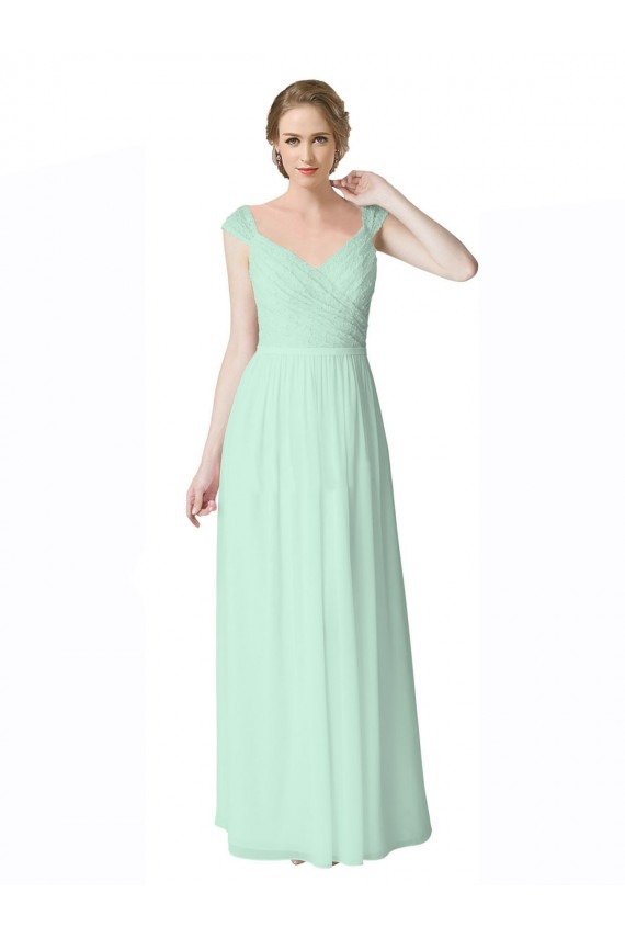 Erschwingliche Minzgrün A-Linien V-Ausschnitt Chiffon Spitze Lange Brautjungfernkleider