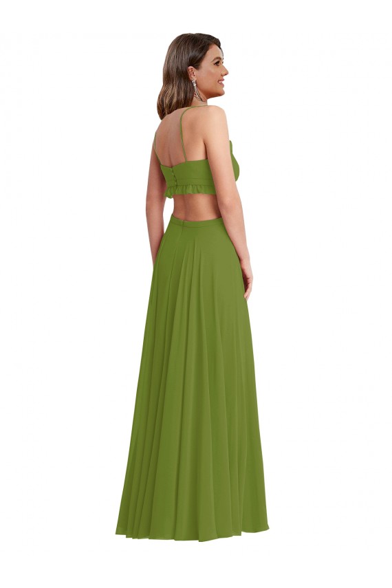 Erschwingliche Olivgrün A-Linien V-Ausschnitt Chiffon Lange Brautjungfernkleider