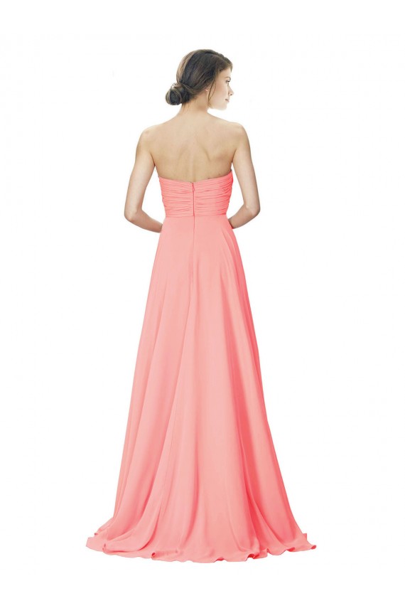 Erschwingliche Peach A-Linien Trägerlos Chiffon Lange Brautjungfernkleider