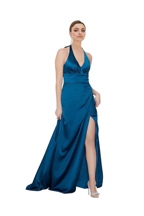 Erschwingliche Pfauenblau A-Linien Neckholder Seidiger Satin Lange Formale Brautjungfernkleider / Abendkleider / Abiballkleider