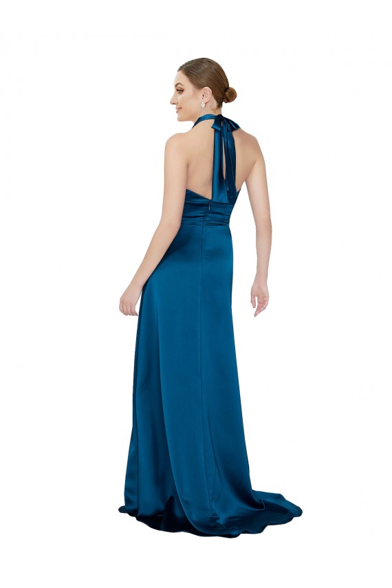 Erschwingliche Pfauenblau A-Linien Neckholder Seidiger Satin Lange Formale Brautjungfernkleider / Abendkleider / Abiballkleider