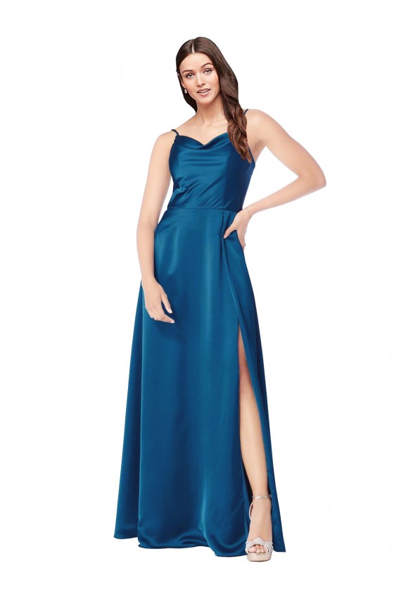 Erschwingliche Pfauenblau A-Linien Spaghetti-Träger Haube Ausschnitt Seidiger Satin Lange Formale Brautjungfernkleider / Abendkleider / Abiballkleider