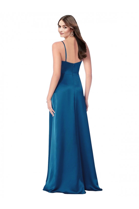 Erschwingliche Pfauenblau A-Linien Spaghetti-Träger Haube Ausschnitt Seidiger Satin Lange Formale Brautjungfernkleider / Abendkleider / Abiballkleider