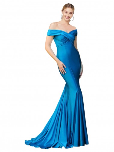 Erschwingliche Pfauenblau Meerjungfrau Off-Schulter Satin Lange Formale Brautjungfernkleider / Abendkleider / Abiballkleider
