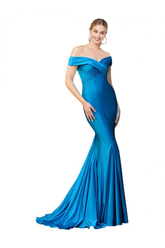 Erschwingliche Pfauenblau Meerjungfrau Off-Schulter Satin Lange Formale Brautjungfernkleider / Abendkleider / Abiballkleider