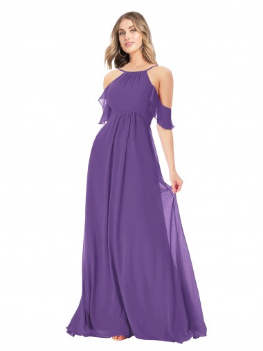 Erschwingliche Pflaume Lila A-Linien Off-Schulter Stehkragen Ausschnitt Chiffon Lange Brautjungfernkleider