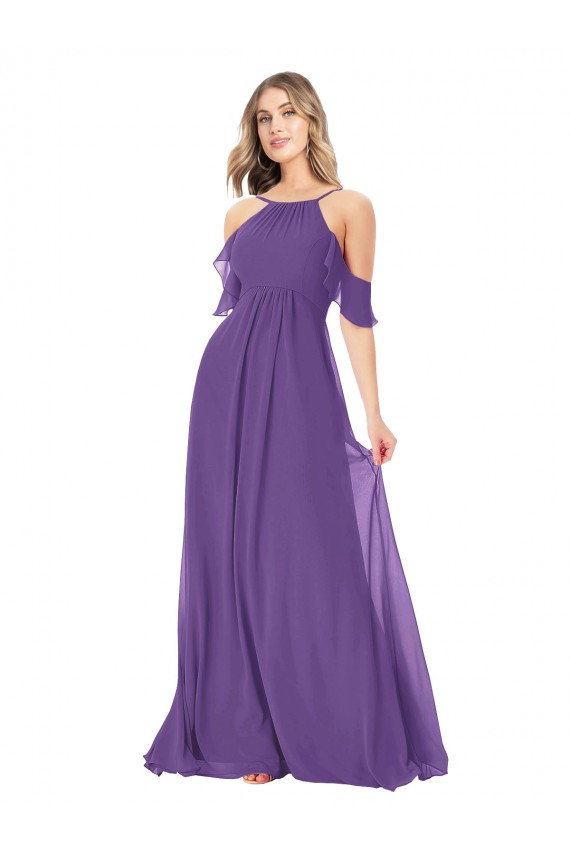 Erschwingliche Pflaume Lila A-Linien Off-Schulter Stehkragen Ausschnitt Chiffon Lange Brautjungfernkleider