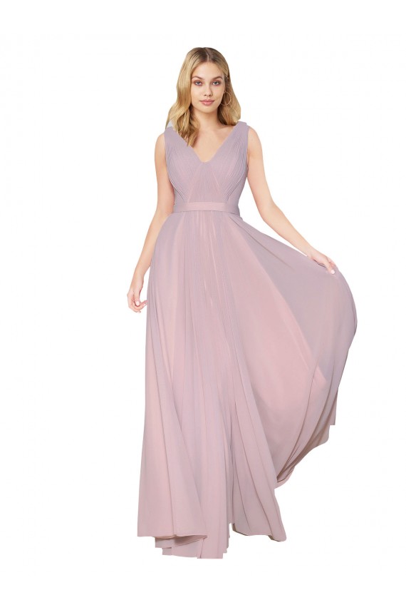 Erschwingliche Primel A-Linien V-Ausschnitt Chiffon Lange Formale Brautjungfernkleider / Abendkleider / Abiballkleider