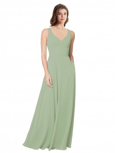 Erschwingliche Rauchgrün A-Linien Chiffon Lange Brautjungfernkleider