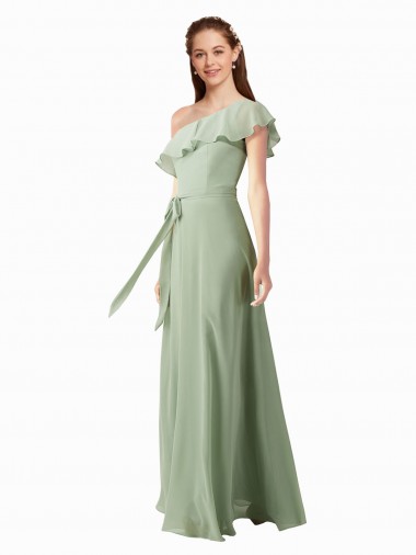 Erschwingliche Rauchgrün A-Linien Eine-Schulter Chiffon Lange Brautjungfernkleider