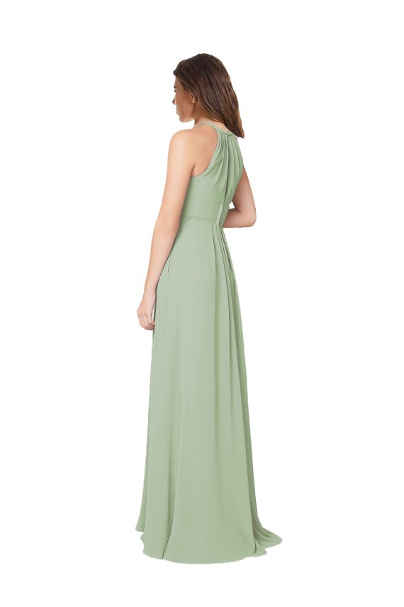 Erschwingliche Rauchgrün A-Linien Neckholder Chiffon Lange Brautjungfernkleider