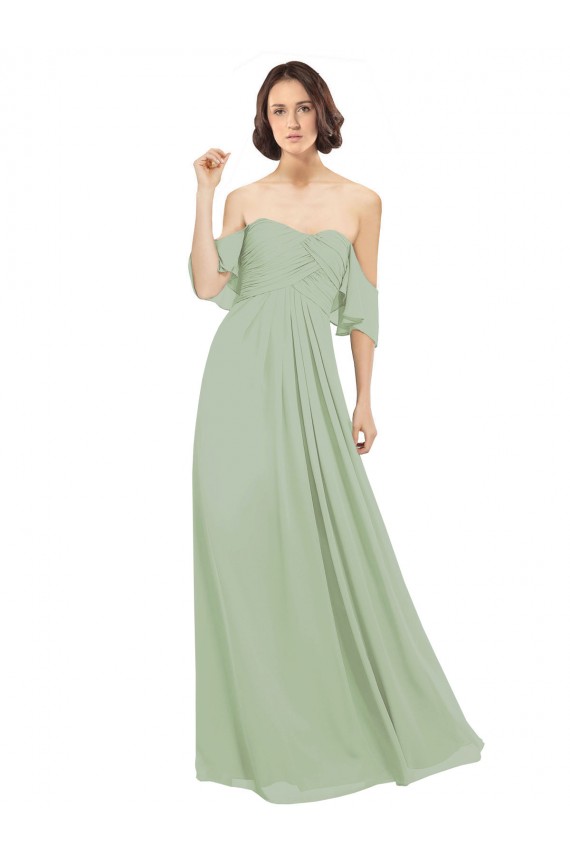 Erschwingliche Rauchgrün A-Linien Off-Schulter Chiffon Lange Brautjungfernkleider