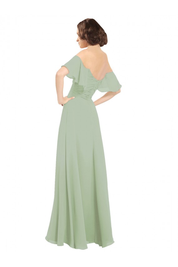 Erschwingliche Rauchgrün A-Linien Off-Schulter Chiffon Lange Brautjungfernkleider