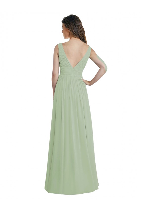 Erschwingliche Rauchgrün A-Linien V-Ausschnitt Chiffon Lange Brautjungfernkleider
