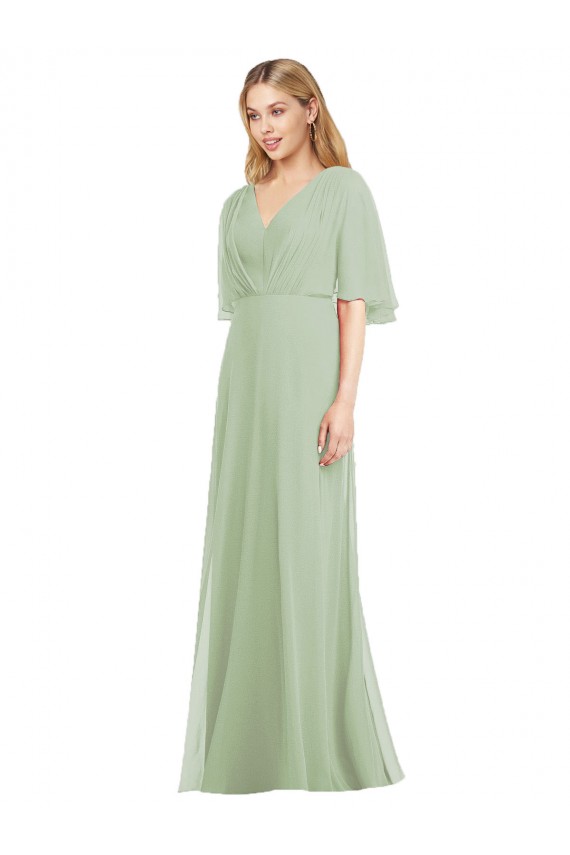 Erschwingliche Rauchgrün Trompete V-Ausschnitt Chiffon Lange Brautjungfernkleider