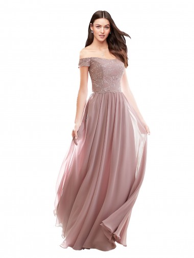 Erschwingliche Rosa 147 A-Linien Off-Schulter Chiffon Spitze Lange Brautjungfernkleider