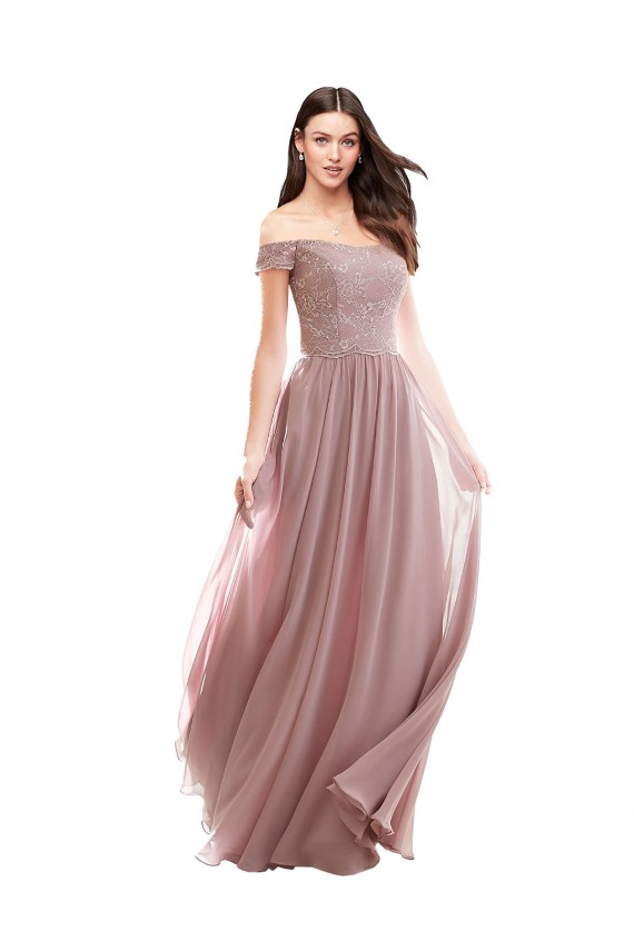 Erschwingliche Rosa 147 A-Linien Off-Schulter Chiffon Spitze Lange Brautjungfernkleider
