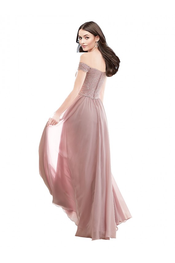 Erschwingliche Rosa 147 A-Linien Off-Schulter Chiffon Spitze Lange Brautjungfernkleider
