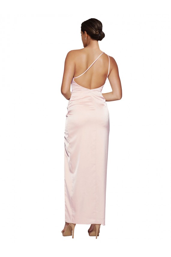 Erschwingliche Rosa A-Linien Eine-Schulter Seidiger Satin Lange Brautjungfernkleider / Abiballkleider