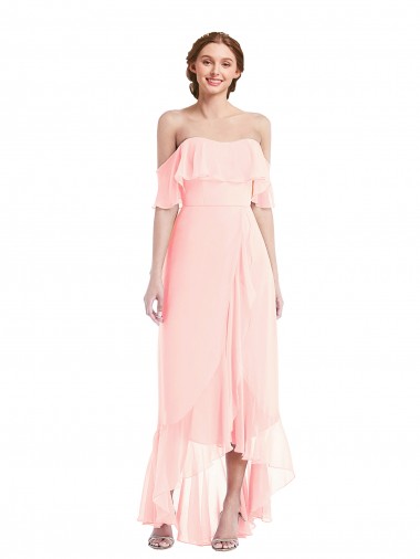 Erschwingliche Rosa A-Linien Off-Schulter Chiffon Lange Brautjungfernkleider