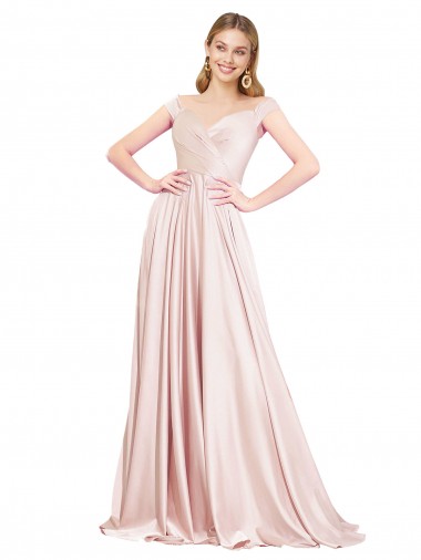 Erschwingliche Rosa A-Linien Off-Schulter Satin Lange Formale Brautjungfernkleider / Abendkleider / Abiballkleider