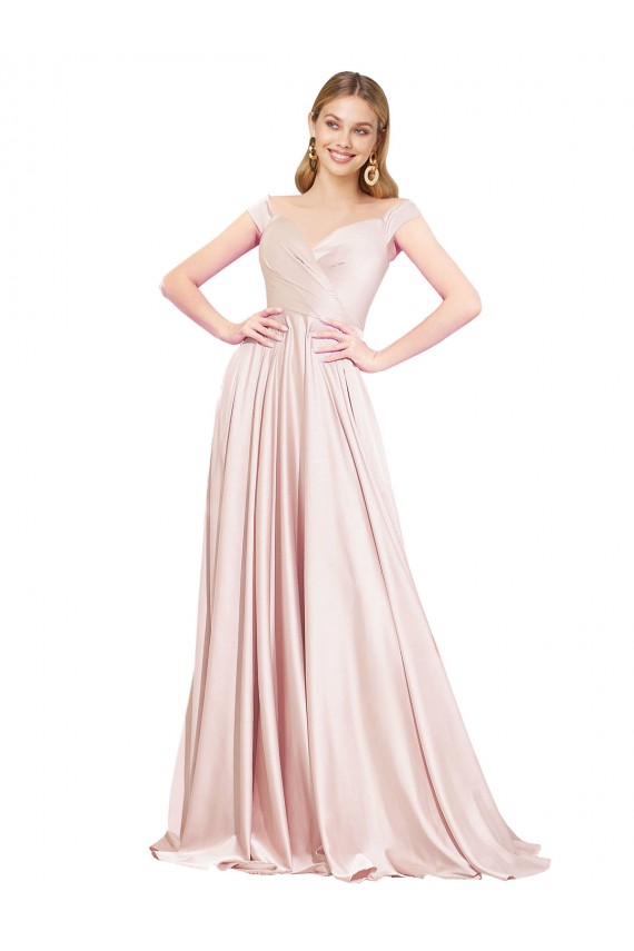 Erschwingliche Rosa A-Linien Off-Schulter Satin Lange Formale Brautjungfernkleider / Abendkleider / Abiballkleider