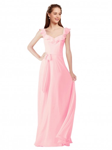 Erschwingliche Rosa A-Linien V-Ausschnitt Chiffon Lange Brautjungfernkleider