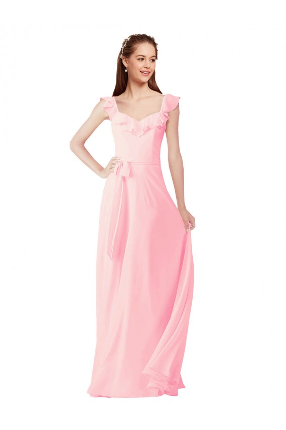 Erschwingliche Rosa A-Linien V-Ausschnitt Chiffon Lange Brautjungfernkleider