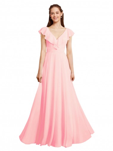 Erschwingliche Rosa A-Linien V-Ausschnitt Chiffon Lange Brautjungfernkleider