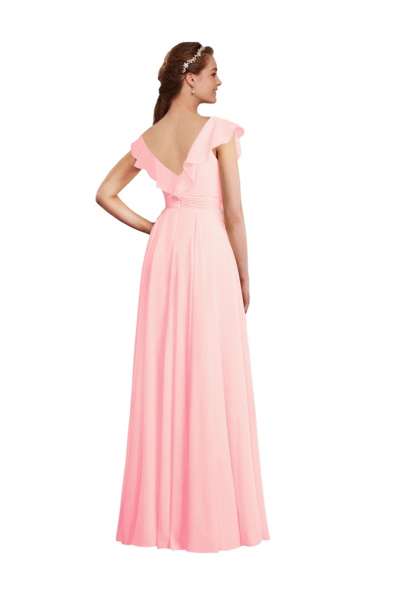 Erschwingliche Rosa A-Linien V-Ausschnitt Chiffon Lange Brautjungfernkleider