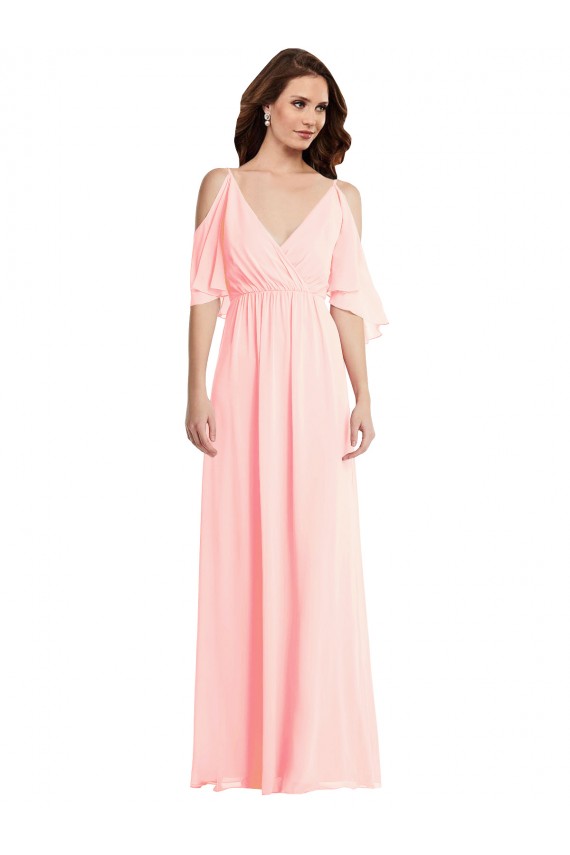 Erschwingliche Rosa A-Linien V-Ausschnitt Chiffon Lange Brautjungfernkleider