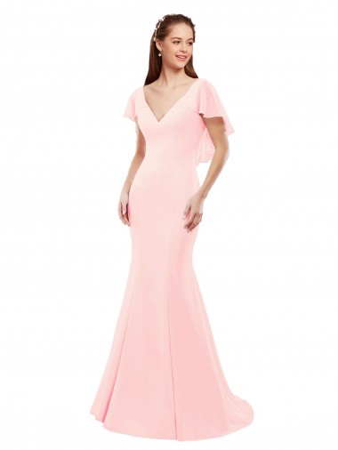 Erschwingliche Rosa Meerjungfrau V-Ausschnitt Chiffon Lange Brautjungfernkleider