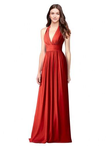Erschwingliche Rot A-Linien Neckholder V-Ausschnitt Chiffon Lange Brautjungfernkleider