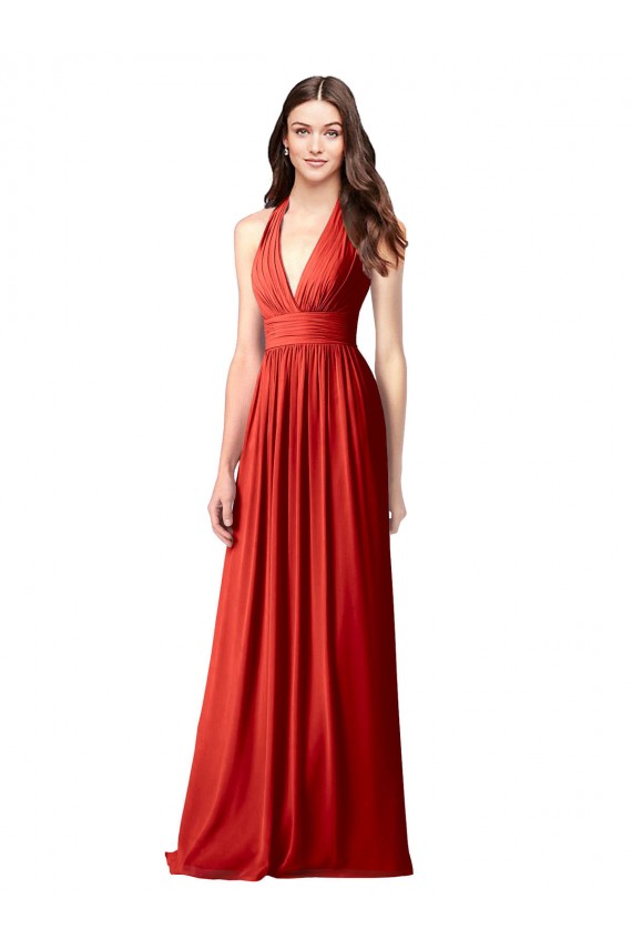 Erschwingliche Rot A-Linien Neckholder V-Ausschnitt Chiffon Lange Brautjungfernkleider