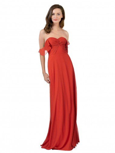 Erschwingliche Rot A-Linien Trägerlos Chiffon Lange Brautjungfernkleider