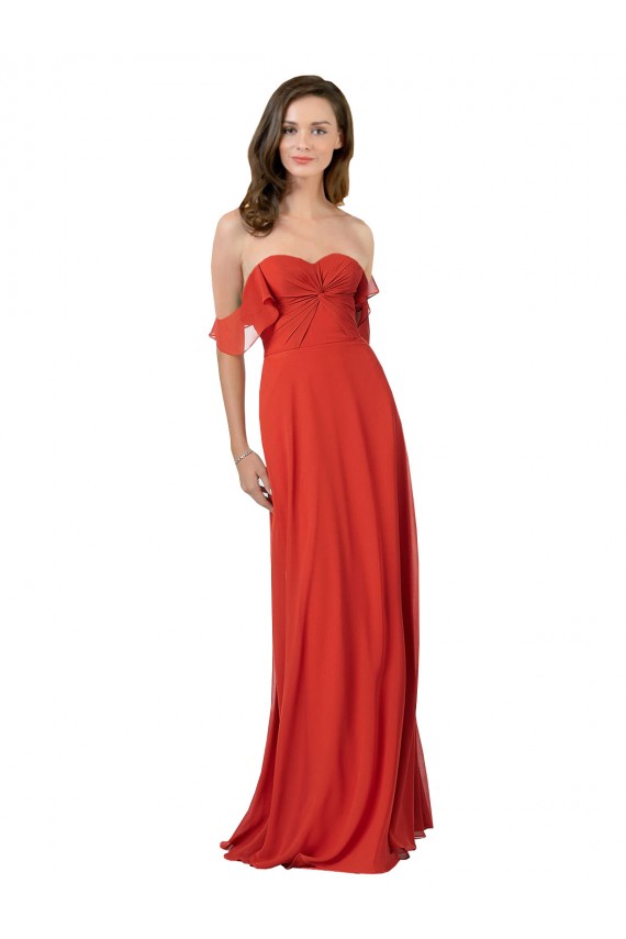 Erschwingliche Rot A-Linien Trägerlos Chiffon Lange Brautjungfernkleider