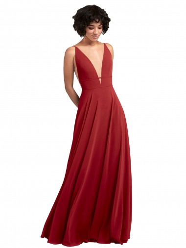 Erschwingliche Rot A-Linien V-Ausschnitt Chiffon Lange Brautjungfernkleider