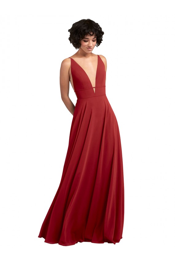 Erschwingliche Rot A-Linien V-Ausschnitt Chiffon Lange Brautjungfernkleider