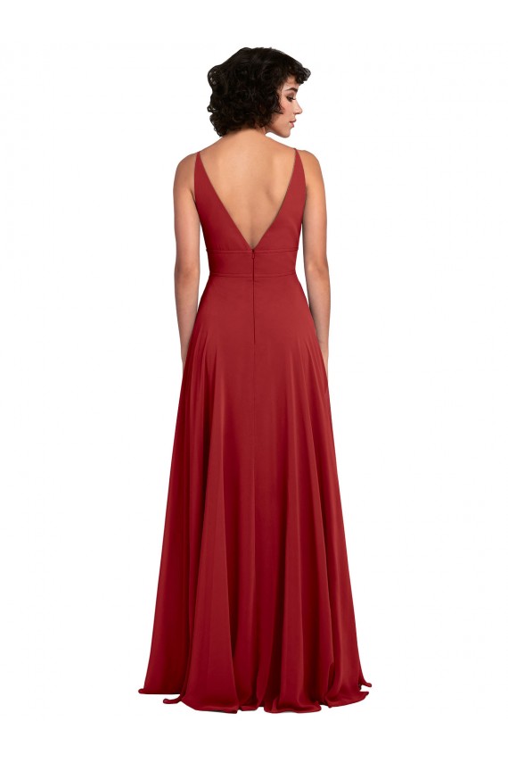 Erschwingliche Rot A-Linien V-Ausschnitt Chiffon Lange Brautjungfernkleider