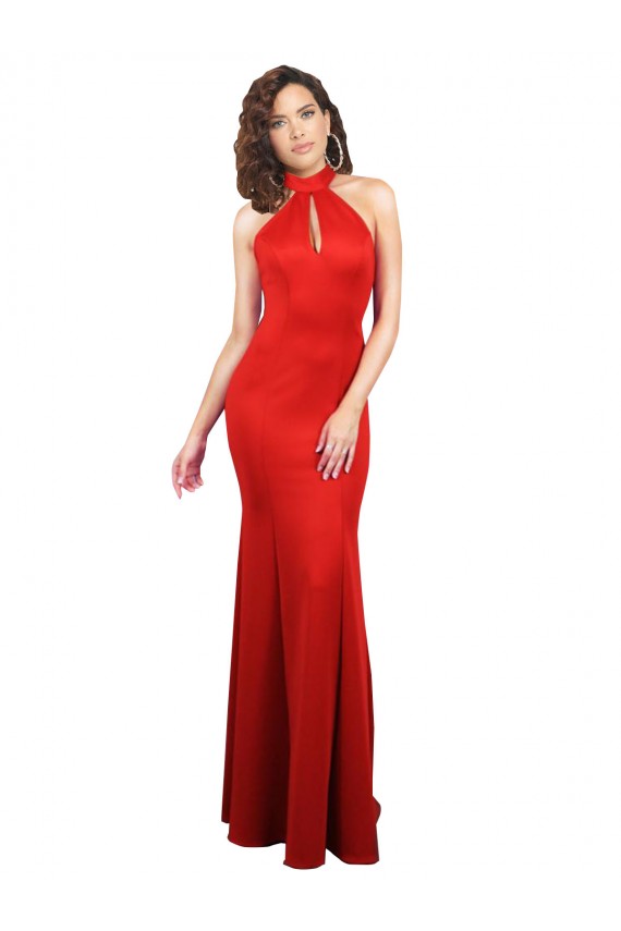 Erschwingliche Rot Meerjungfrau Neckholder Stretch-Satin Lange Formale Brautjungfernkleider / Abendkleider / Abiballkleider