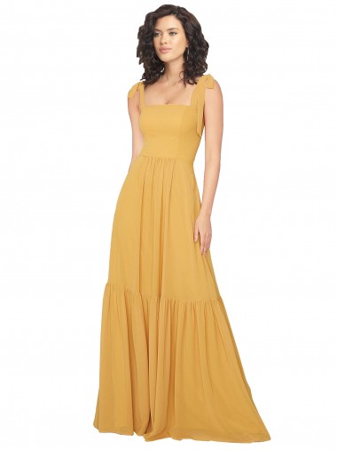 Erschwingliche Safran A-Linien Quadrat Ausschnitt Chiffon Lange Brautjungfernkleider