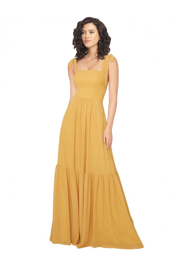 Erschwingliche Safran A-Linien Quadrat Ausschnitt Chiffon Lange Brautjungfernkleider