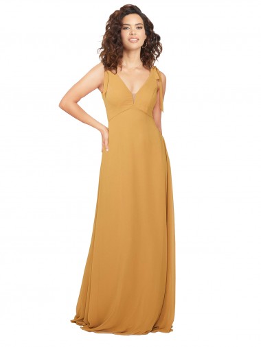 Erschwingliche Safran A-Linien V-Ausschnitt Chiffon Lange Brautjungfernkleider