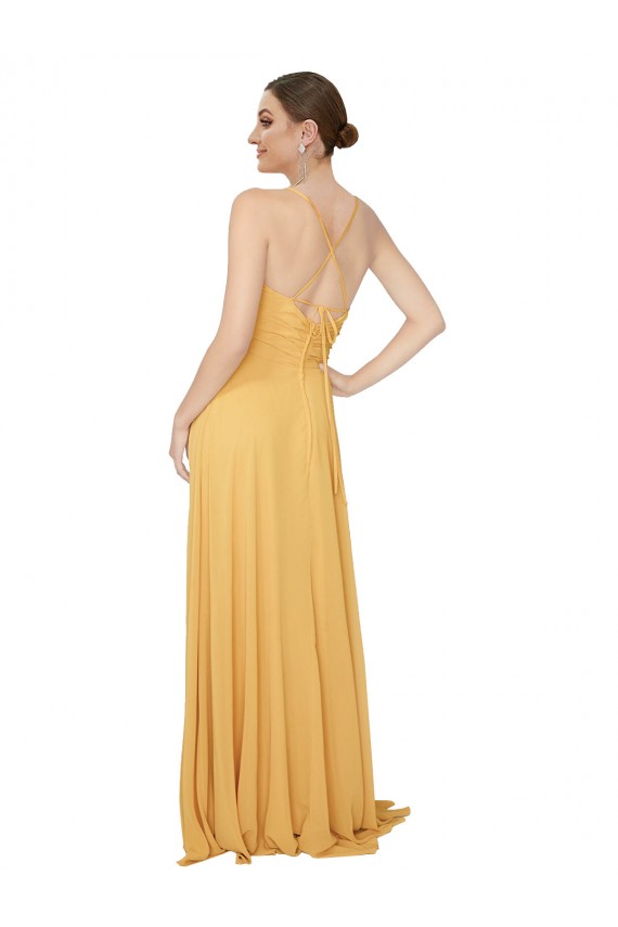 Erschwingliche Safran A-Linien V-Ausschnitt Chiffon Lange Brautjungfernkleider