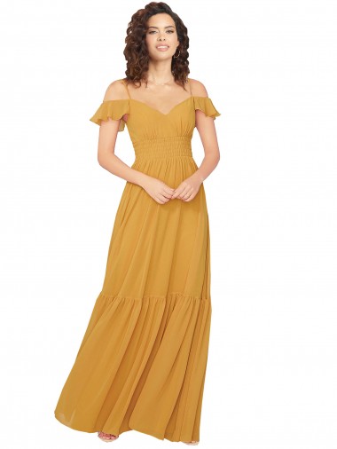 Erschwingliche Safran A-Linien V-Ausschnitt Chiffon Lange Brautjungfernkleider