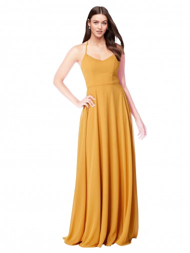 Erschwingliche Safran A-Linien V-Ausschnitt Chiffon Lange Brautjungfernkleider